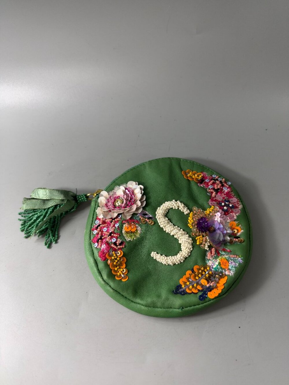 Anthropologie Embellished Leather Monogram Pouch-S